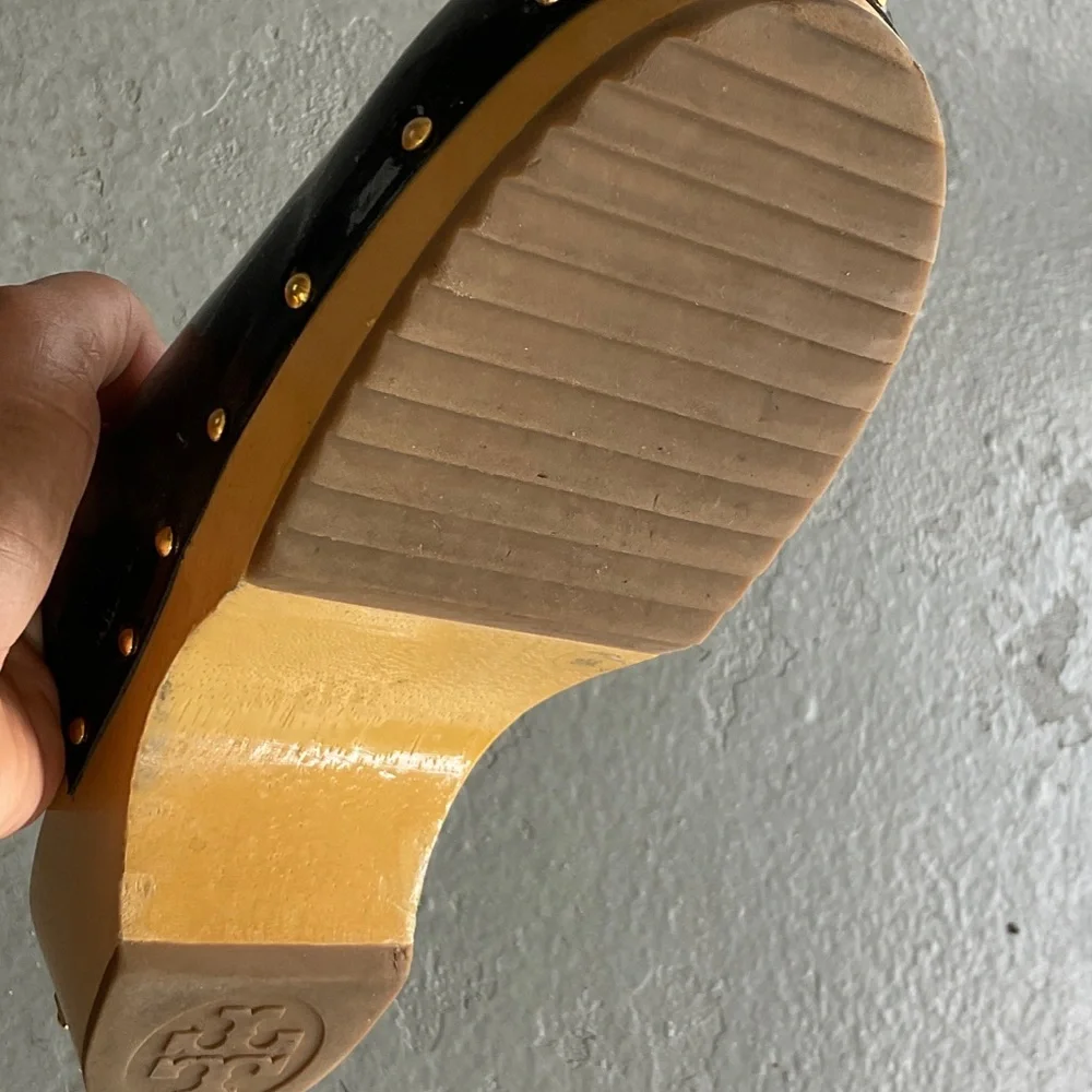 Tory Burch Women’s Black Patent Leather Clogs with Wood Insole